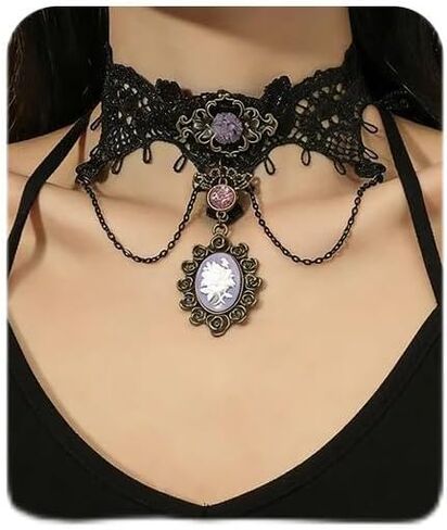 Lace Choker Necklace for Women White Lace Tassel Pendant Choker Necklaces Elegant Boho Collar Necklaces Statement Artistic Chain Necklace with Pearl Halloween Party Cosplay Costume Jewelry in Saudi Arabia
