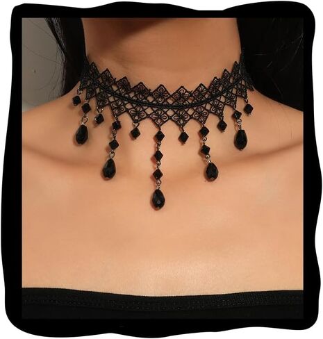 Lace Choker Necklace for Women White Lace Tassel Pendant Choker Necklaces Elegant Boho Collar Necklaces Statement Artistic Chain Necklace with Pearl Halloween Party Cosplay Costume Jewelry in Saudi Arabia