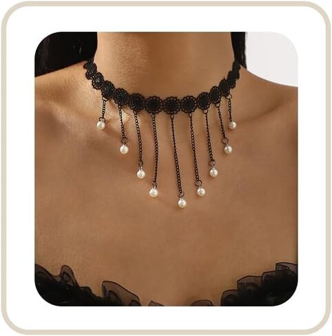 Lace Choker Necklace for Women White Lace Tassel Pendant Choker Necklaces Elegant Boho Collar Necklaces Statement Artistic Chain Necklace with Pearl Halloween Party Cosplay Costume Jewelry in Saudi Arabia