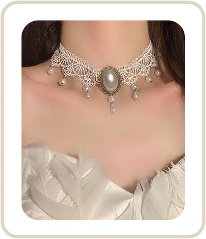 Lace Choker Necklace for Women White Lace Tassel Pendant Choker Necklaces Elegant Boho Collar Necklaces Statement Artistic Chain Necklace with Pearl Halloween Party Cosplay Costume Jewelry in Saudi Arabia