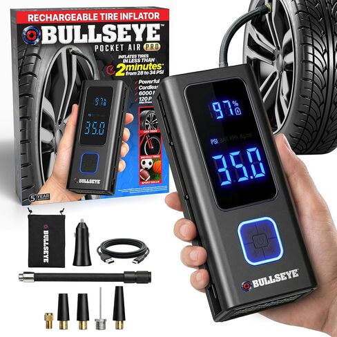 POCKET AIR PRO Tire Inflator Portable Air Compressor by Bullseye Pro for Tires, Balls, Bike with Persta Valve, Auto Shut Off, Inflates in 2 Min, Cordless Rechargeable 6000MAH,150 PSI, SoS Light in Kuwait