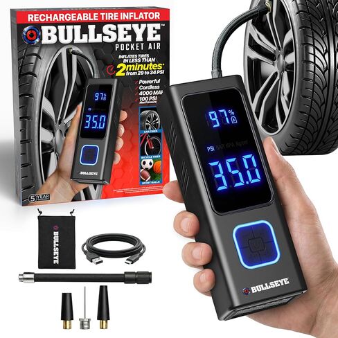 منفاخ إطارات POCKET AIR PRO ضاغط هواء محمول من Bullseye Pro للإطارات والكرات والدراجة مع صمام بيرستا، إيقاف تلقائي، ينتفخ في دقيقتين، قابل لإعادة الشحن لاسلكيًا 6000 مللي أمبير في الساعة، 150 رطل لكل بوصة مربعة، ضوء SoS in Kuwait