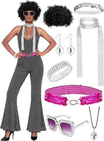 مجموعة أزياء ديسكو السبعينيات للنساء، مجموعة أزياء بذلة ريترو، إكسسوارات السبعينيات، نظارات شعر مستعار لحفلات الهالوين in Kuwait