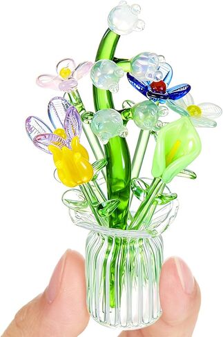 7 Color Glass Birth Flower Decor Glass Birthday Month Flower Bouquet with Small Vase Crystal Wildflower Daisy Blossoms for Women Mom Wedding Mother's Day Office Home Table Centerpiece in Saudi Arabia