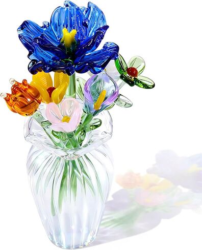 7 Color Glass Birth Flower Decor Glass Birthday Month Flower Bouquet with Small Vase Crystal Wildflower Daisy Blossoms for Women Mom Wedding Mother's Day Office Home Table Centerpiece in Saudi Arabia