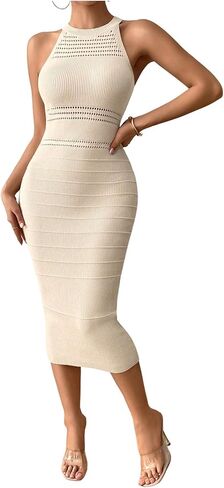 GORGLITTER المرأة الكروشيه الرسن Bodycon فساتين متوسطة الطول بلا أكمام متماسكة سترة فستان الزفاف ضيف حفلة موسيقية التخسيس فستان in Kuwait