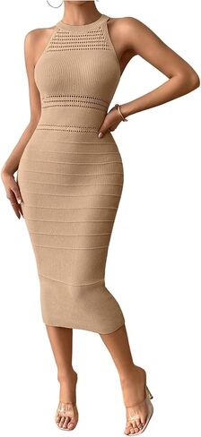 GORGLITTER Women's Crochet Halter Bodycon Midi Dresses Sleeveless Knit Sweater Dress Wedding Guest Prom Slimming Dress in Saudi Arabia