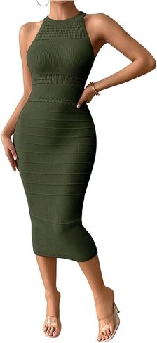 GORGLITTER Women's Crochet Halter Bodycon Midi Dresses Sleeveless Knit Sweater Dress Wedding Guest Prom Slimming Dress in Saudi Arabia