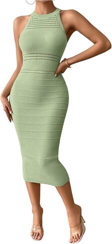 GORGLITTER Women's Crochet Halter Bodycon Midi Dresses Sleeveless Knit Sweater Dress Wedding Guest Prom Slimming Dress in Saudi Arabia