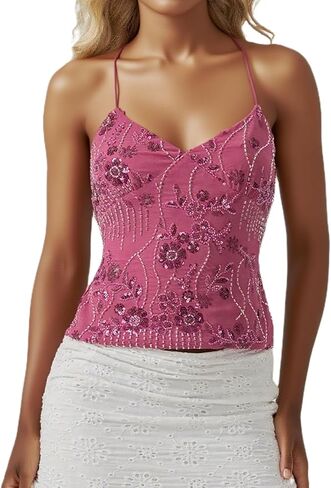 Womens Sequin Straps Camisole Top Y2k Backless Flower Beaded Going Out Top Clubwear in Saudi Arabia
