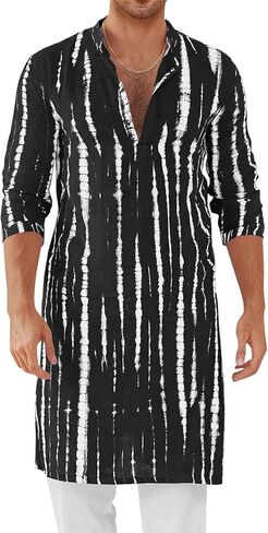 Runcati Mens Kaftan Robe Tie-Dye Long Sleeve Button Down Henley Shirts Thobe Hipster Print Side Split Gown Shirt in Saudi Arabia