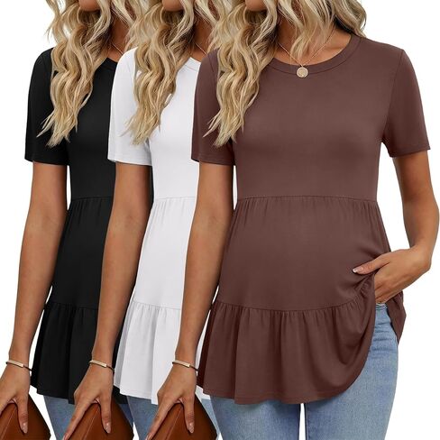 Ekouaer 3 Pack قمصان الأمومة النسائية قصيرة الأكمام كشكش ملابس الحمل بلوزة بيبلوم بيبي دول بلايز عادية ماما تي شيرت in Saudi Arabia