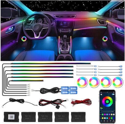 شريط إضاءة LED داخلي للسيارة مع التحكم في التطبيق، مجموعات إضاءة محيطة نيون 6 في 1 RGB، تحت شريط إضاءة السيارة من Dash Footwell، إضاءة محيطة بالسيارة مع مزامنة الموسيقى ومطاردة ألوان الأحلام الديناميكية in Kuwait