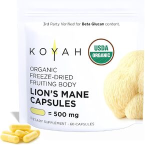 KOYAH - كبسولات فطر بدة الأسد العضوية في الولايات المتحدة الأمريكية - جسم فاكهي 100%، مجفف بالتجميد، تم اختباره بواسطة طرف ثالث للبيتا جلوكان، 500 مجم، دعم الدماغ والأعصاب. دعم المناعة. 60 كبسولة in Kuwait