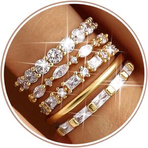 FUNRUN JEWELRY خواتم مطلية بالذهب عيار 14 قيراط للنساء، حلقات قابلة للتكديس غير قابلة للتلطيخ، مجموعة خواتم مفصلية أنيقة مكعبة الزركونيا، مجموعة خواتم مفصل الإبهام، بيان عصري، وعد الزفاف، حلقة التراص الرقيقة مقاس 5-10، 5 قطع in Saudi Arabia