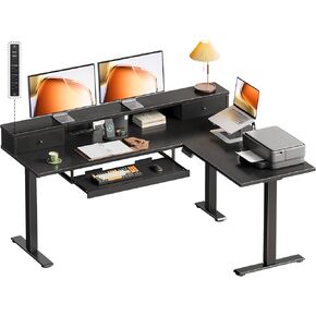 OffiGo 63 Inch Reversible L Shaped Electric Standing Desk, Height Adjustable Corner Stand up Desk, Ergonomic Large Lift Computer Table for Home, Office, Workstation, Black in Saudi Arabia