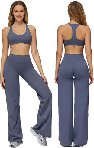Womens Two Piece Workout Sets Spaghetti Straps Crop Top Matching Straight Leg Pants Gym Yoga Pilates Outfits in Saudi Arabia