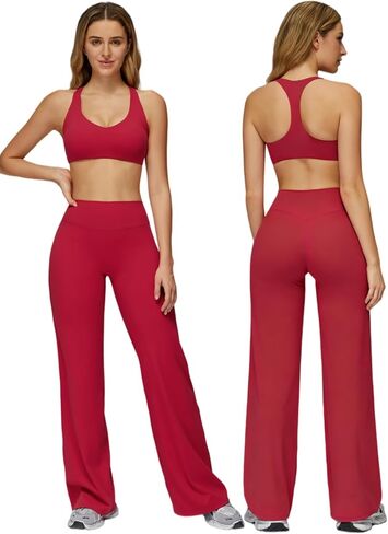 Womens Two Piece Workout Sets Spaghetti Straps Crop Top Matching Straight Leg Pants Gym Yoga Pilates Outfits in Saudi Arabia