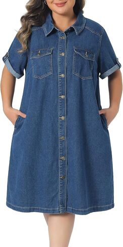 Agnes Orinda Plus Size Denim Dresses for Women Button Down Short Sleeve Summer Midi Denim Jean Shirt Dress in Saudi Arabia