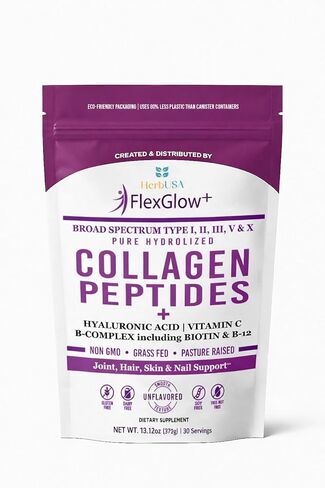 FlexGlow+ Collagen Peptides – Broad Spectrum (I, II, III, V, X) – Hyaluronic Acid, Biotin & Vitamin C - Hair, Skin & Joint Support – 30 Servings (12.17oz) (12.17 oz, Unflavored) in Saudi Arabia