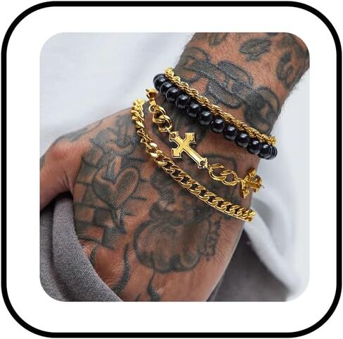 4 PCS Stainless Steel Cross Bracelets for Men Women Stainless Steel Cuban Link Bracelet Handmade Bead Link Punk Style Stackable Layered Cross Chain Bracelet Set Adjustable Punk Jewelry for Men in Saudi Arabia