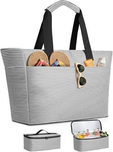 Beach Bag and Cooler Bag Set, 45L Waterproof Beach Tote with Zipper Closure, Foldable Extra Large XXL Family Weekender Bags, with 8 Pockets, Suitable for Pool, Picnic, Shopping, Travel in Kuwait