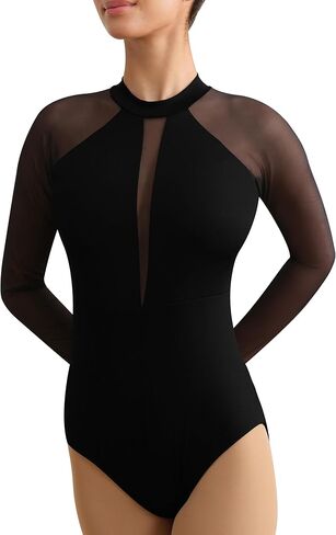 Mesh Long Sleeve Dance Leotard for Women Adult Black Ballet Dancewear,Twisted Cross-Back in Saudi Arabia
