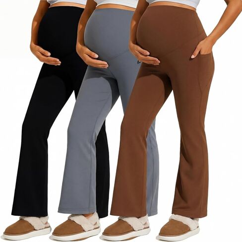 Coume 3 حزمة السراويل الأمومة للنساء بسط الحمل مضيئة طماق مع جيوب على البطن العمل Bootcut اليوغا السراويل in Saudi Arabia