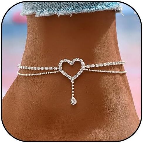 Gold Heart Anklets for Women Silver Sparkly Drop Crystal Anklets Pendent Cubic Zirconia Decorative Adjustable Length Anklet Birthday Holidays Hypoallergenic Jewelry in Saudi Arabia