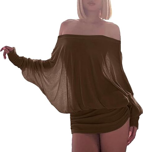 Ophestin Off The Shoulder Batwing Dress for Women Ruched Casual Going Out Long Sleeve Mini Dresses Loose in Saudi Arabia