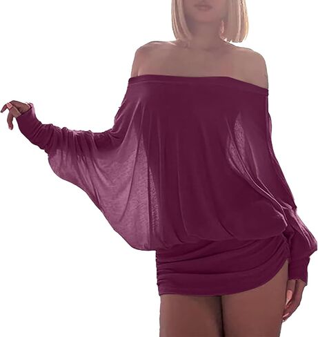 Ophestin Off The Shoulder Batwing Dress for Women Ruched Casual Going Out Long Sleeve Mini Dresses Loose in Saudi Arabia