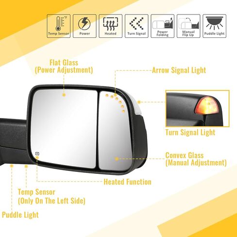 Sanooer Chrome Towing Power Folding Mirrors Compatible with 2009-2018 Dodge Ram 1500, 2010-2018 Dodge Ram 2500 3500 with Power Glass Puddle Lamp Temp Sensor Heated Turn Signal Light Flip up Pair Set in Saudi Arabia