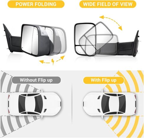 Sanooer Chrome Towing Power Folding Mirrors Compatible with 2009-2018 Dodge Ram 1500, 2010-2018 Dodge Ram 2500 3500 with Power Glass Puddle Lamp Temp Sensor Heated Turn Signal Light Flip up Pair Set in Saudi Arabia