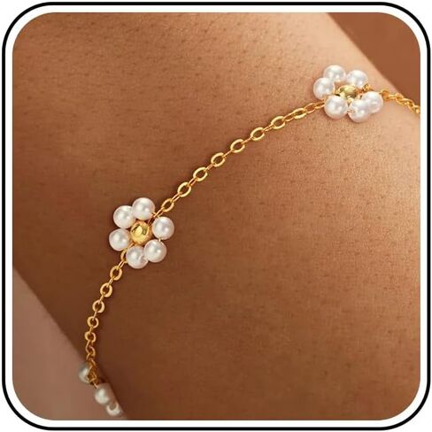 Pearl Bracelets for Women - 14K Gold Plated Bracelets Cute Pearl Jewelry as Wedding Bridesmaid Gifts, Beach Summer Prom Jewelry Birthday Accessories in Saudi Arabia