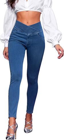 AIMILIA Crossover Jeggings للنساء البطن التحكم عالية الخصر سحب على بسط الجينز طماق مع جيوب التخسيس in Kuwait