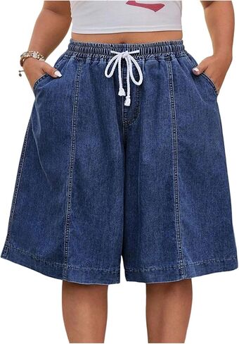 Verdusa Women's Plus Size Wide Leg Baggy Jean Shorts Streetwear Knee Length Shorts with Pockets in Saudi Arabia