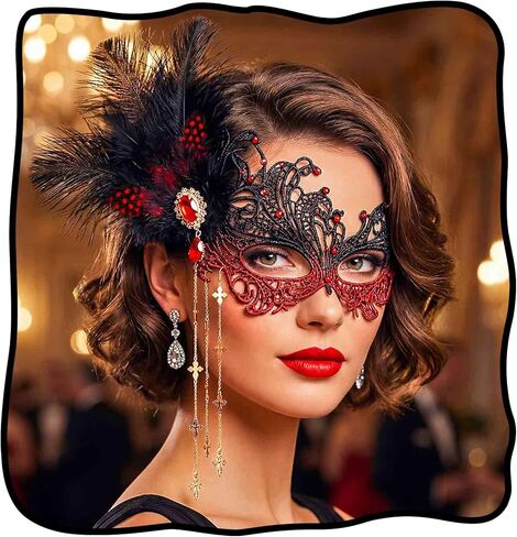 قناع تنكر من الدانتيل من الريش، أقنعة قابلة للفصل بشرابة فينيسية 1920، إكسسوارات حفلات الكرة للنساء in Kuwait