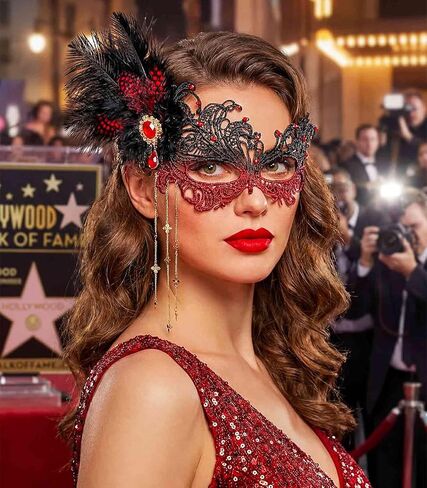 قناع تنكر من الدانتيل من الريش، أقنعة قابلة للفصل بشرابة فينيسية 1920، إكسسوارات حفلات الكرة للنساء in Kuwait