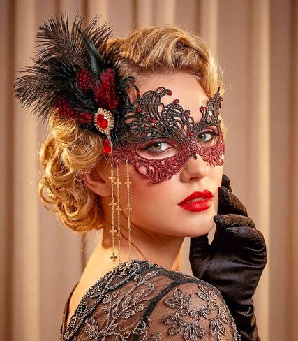 قناع تنكر من الدانتيل من الريش، أقنعة قابلة للفصل بشرابة فينيسية 1920، إكسسوارات حفلات الكرة للنساء in Kuwait