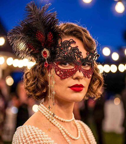 قناع تنكر من الدانتيل من الريش، أقنعة قابلة للفصل بشرابة فينيسية 1920، إكسسوارات حفلات الكرة للنساء in Kuwait