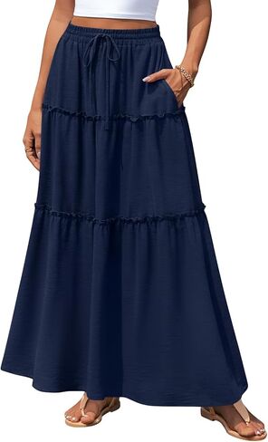 POPYOUNG Long Skirts for Women Boho Maxi Skirt Summer Flowy High Waisted Casual Skirt with Pockets in Saudi Arabia
