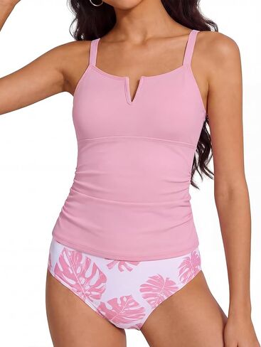 Weixinbuy في سن المراهقة الفتيات المايوه 2 قطعة الخامس الرقبة لباس سباحة Ruched Tankini أعلى + الاستوائية المطبوعة أسفل ملابس السباحة مجموعة ل 9-16Y in Saudi Arabia