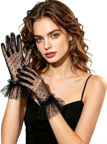 قفازات الدانتيل القصيرة منقطة قفازات الشاي حفلة شبكة تول كشكش الزفاف قفاز 1920s زي اكسسوارات للنساء in Kuwait