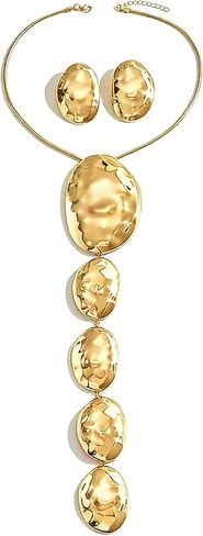 Chunky Statement Jewelry Set Gold/Silver Chunky Irregular Ellipse Extra Large Long Geometric Hammered Pendant Necklace Earrings Fashion Party Outfit Highlight Jewelry Accessory for Women in Saudi Arabia