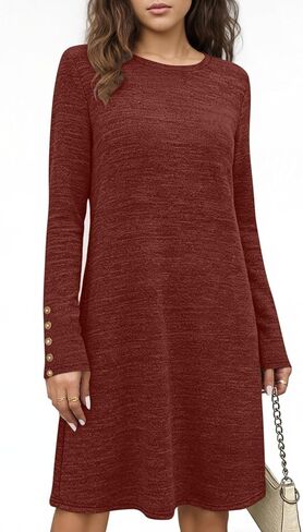 Dresses for Women Casual Long Sleeve Crewneck Spring Cozy Loose Fit Dress Solid Color Fashion Fall Comfy Outfits in Saudi Arabia
