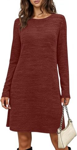 Dresses for Women Casual Long Sleeve Crewneck Spring Cozy Loose Fit Dress Solid Color Fashion Fall Comfy Outfits in Saudi Arabia