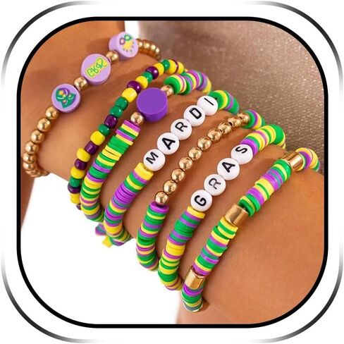 Mardi Gras Bracelets Accessories for Women Green Purple Yellow Beaded Stretch Bracelet Mardi Gras Outfit Shirts Carnival Holiday Jewelry Gifts in Saudi Arabia
