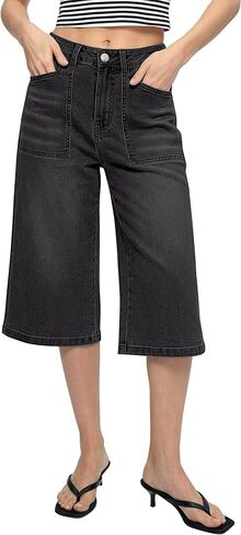 luvamia Capri Jeans for Women Wide Leg Trendy High Waisted Casual Summer Stretchy Denim Culottes Capri Pants with Pocket in Saudi Arabia