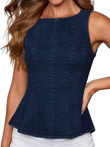 Women's Denim Peplum Tank Top, Summer Stretch Sleeveless Slim Jean Blouse with Contouring Seams and 4/5 Back Zipper in Saudi Arabia