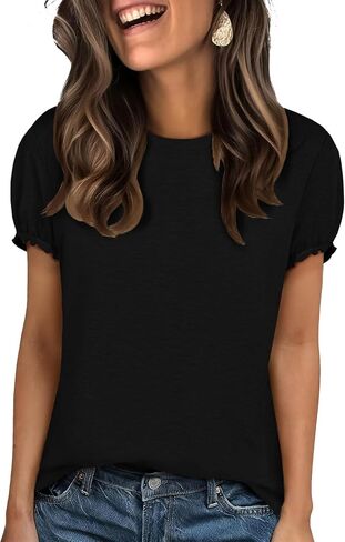 UNCLECAT Women's Ruffle Short Sleeve T Shirts Trendy Crew Neck Tops Solid Basic Tee Summer Outfits 2026 in Saudi Arabia